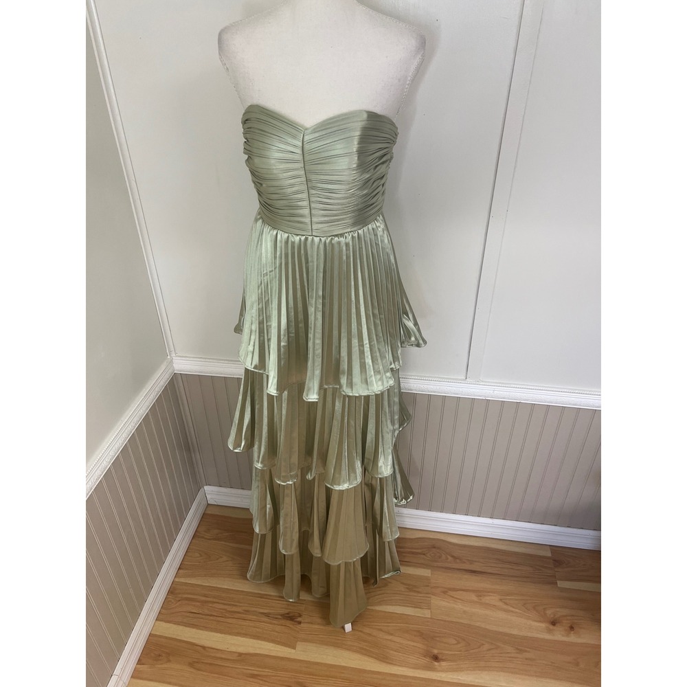 AW Bridal Sage Green Strapless Pleated Tiered Maxi Gown Dress Size 0